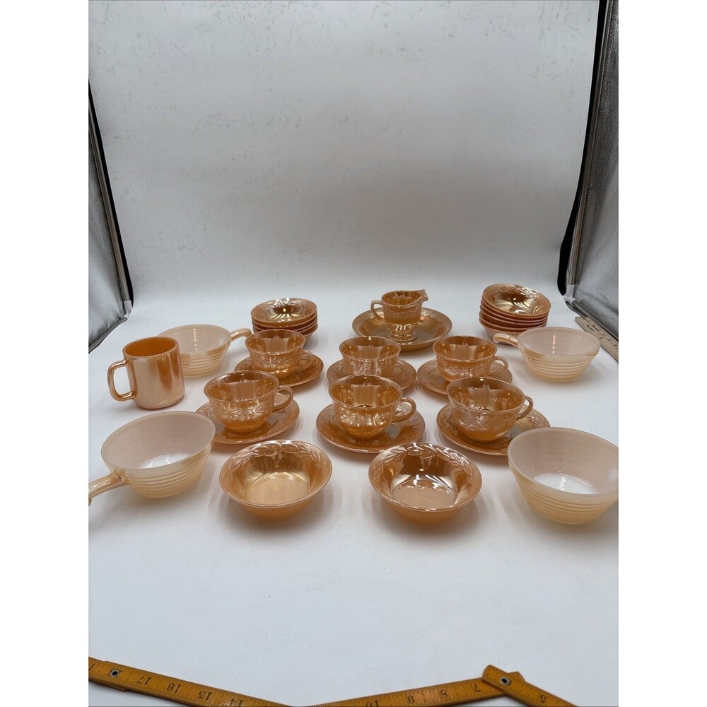 31 Piece Fire King Peach Rose gold amber Milk Glass Luster Laurel Set USA